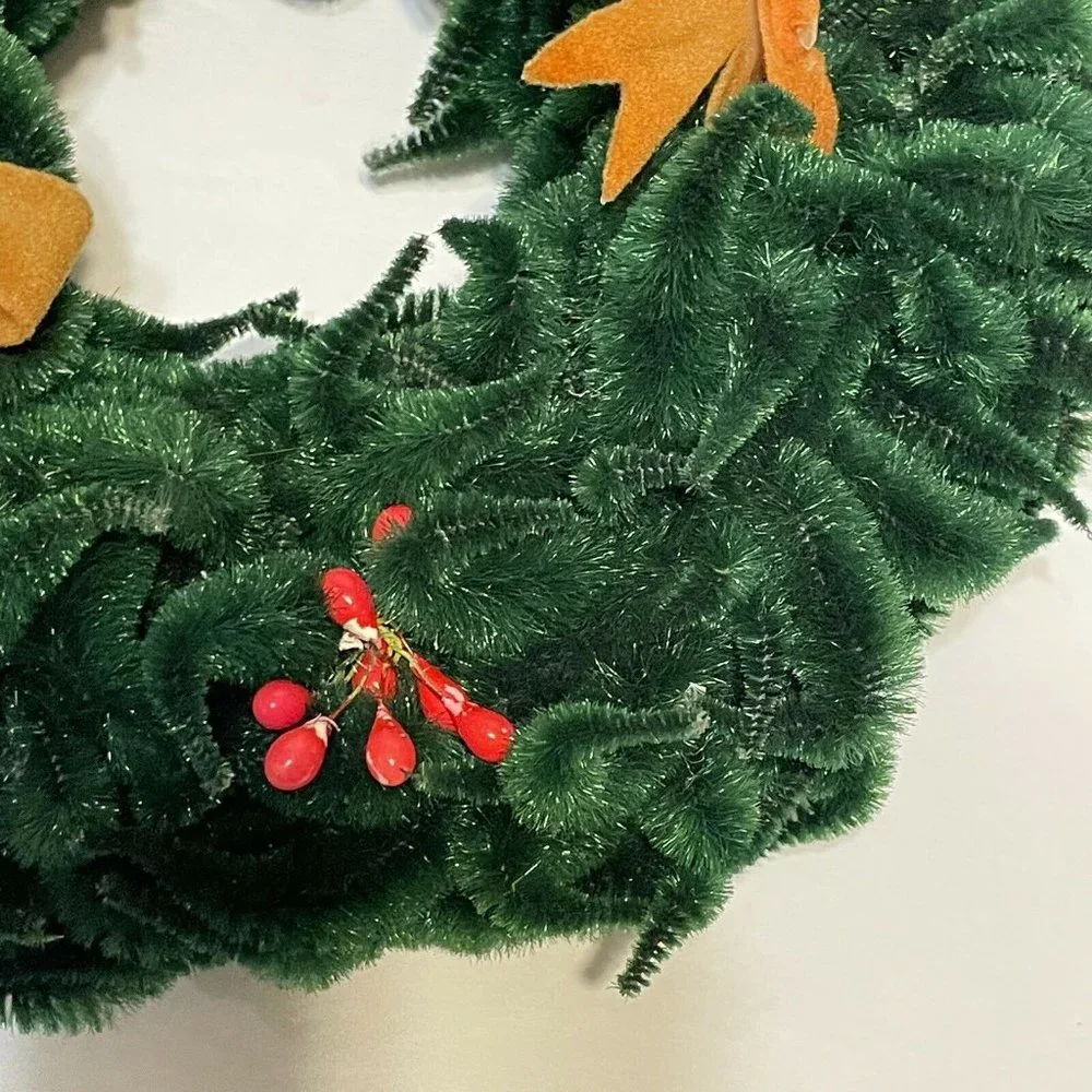 vintage green chenile christmas wreath Decor Gold bows berries